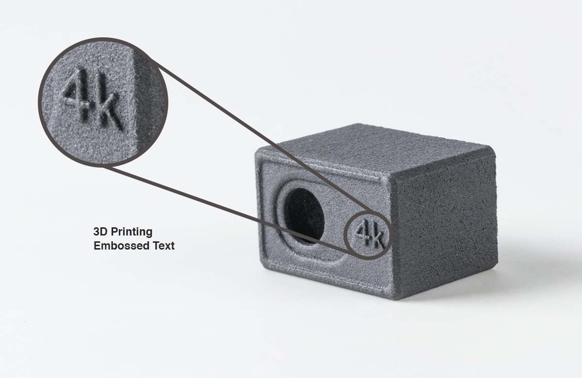 mjf 3D printed part with embossed text feature in arial font